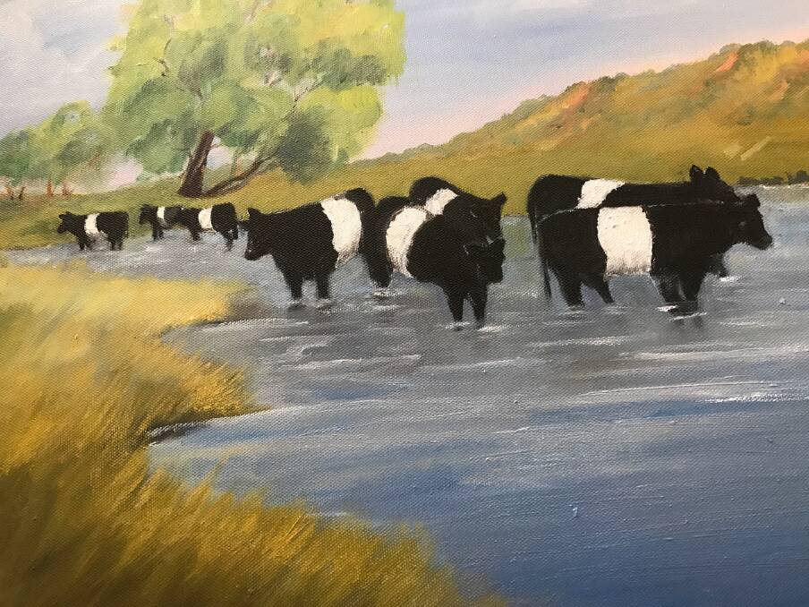 STREAM OF THOUGHT: This eye-catching art featuring Belted Galloway heifers enjoying a clear running stream is the work of local artist Lynne Seaman.