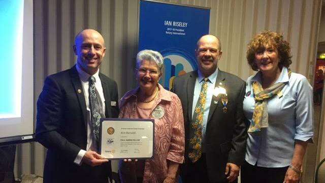 AWARD: Former Oberon High School principal Ken Barwick, Oberon Rotary president Brenda Lyon, District Governor George Weston and Carol Weston.