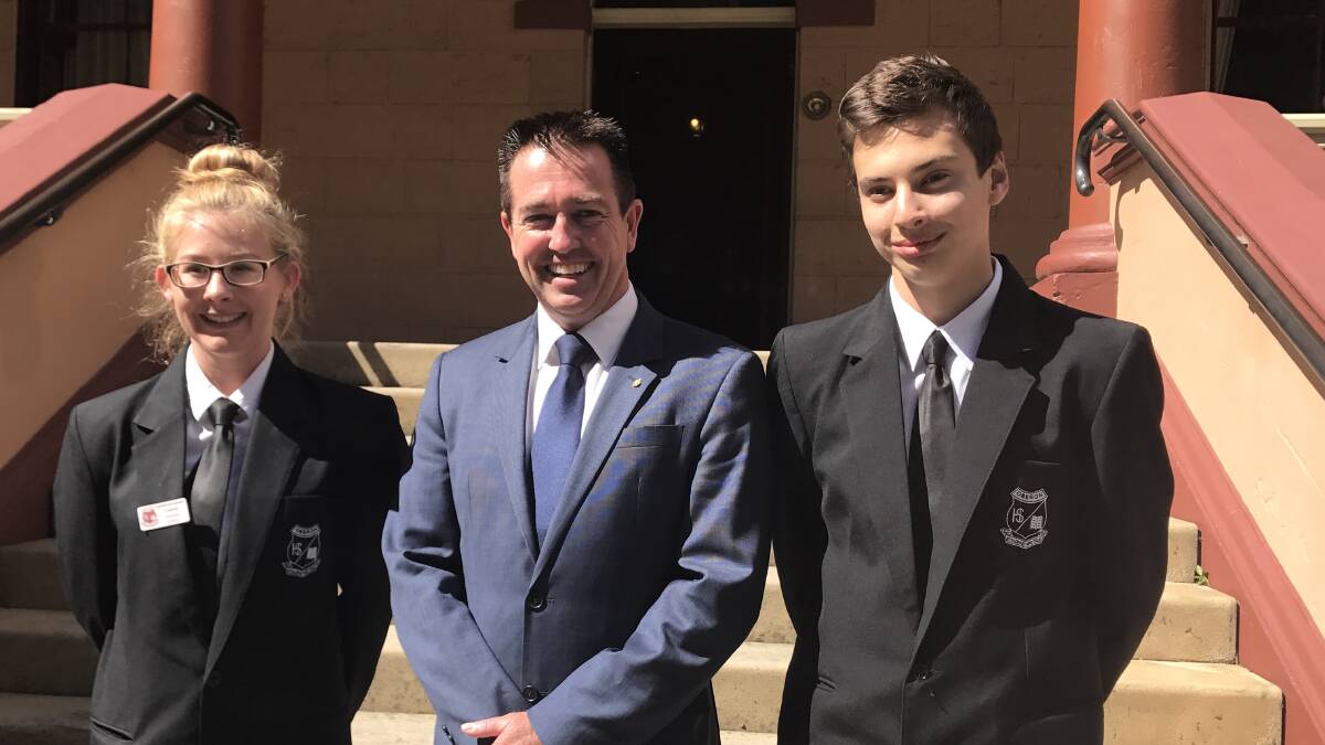 LEARNING: Oberon High School captains Emma Oxley and Emmett Bowman at NSW Parliament with Member for Bathurst Paul Toole.