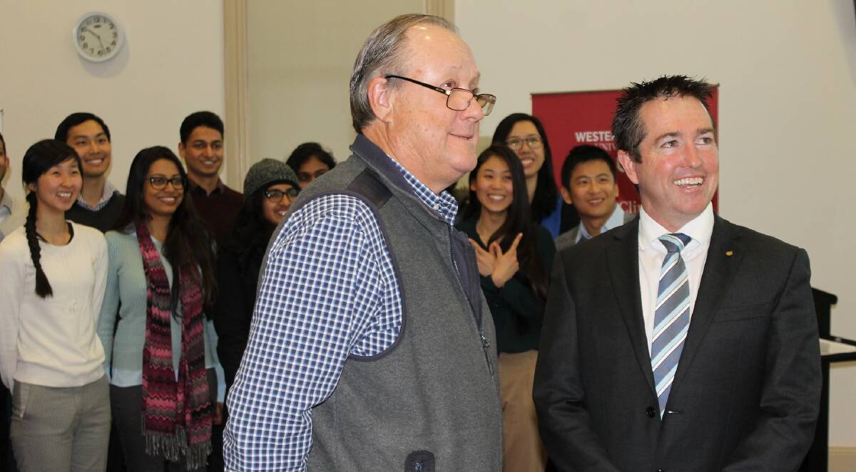 GREETINGS: Professor Tim McCrossin, Dean of the Bathurst Rural Medical School, and Member for Bathurst Paul Toole welcome 16 medical students to Bathurst.