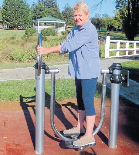 FIT: Cr Jill Evans using newly installed static exercise equipment at the Oberon Common.