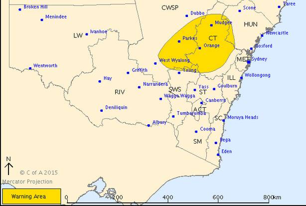 WEATHER WARNING: The area expected to be hit by severe weather on Monday afternoon.