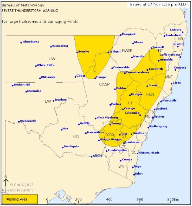 Severe thunderstorm warning area as issued by the Bureau of Meteorology at 1.26pm on Friday, November 17.