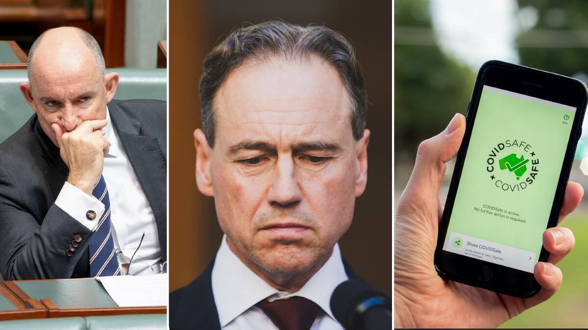 Health Minister Greg Hunt (centre) and Employment Minister Stuart Robert (left) defend the COVIDSafe app (right) as playing "a very important" role in the pandemic despite a damning report indicating the app has provided limited use for contact tracers. Pictures: Sitthixay Ditthavong, Dion Georgopoulos, Shutterstock