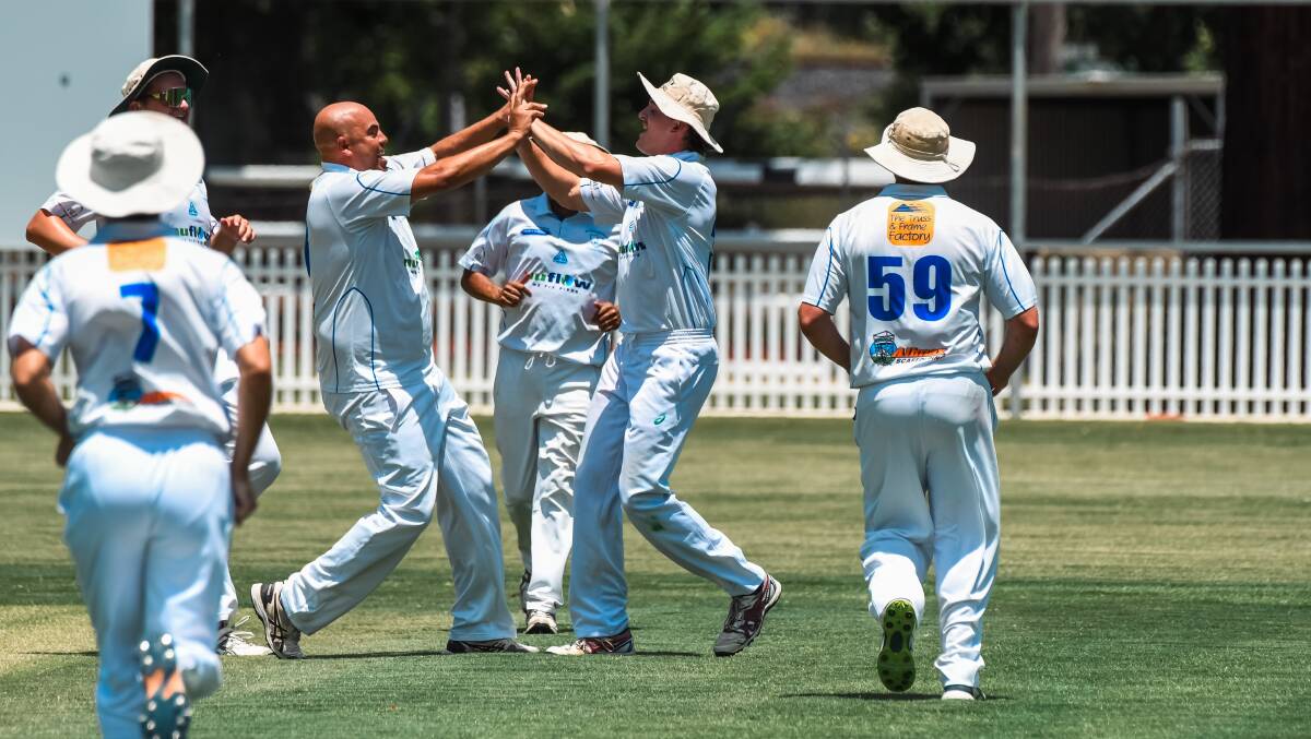 St Pat's Old Boys' Brendon Cutmore celebrates one of his five wickets for St Pat's Old Boys in Saturday's game against Cavaliers. Picture by James Arrow.