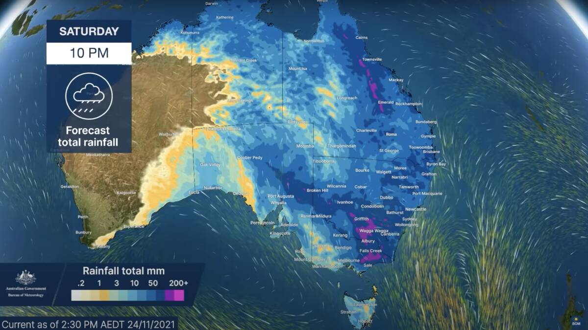 A map of cumulative rainfall in Australia. Thursday is set to be the "peak" of the rainfall while conditions are expected to ease off by Saturday. 
