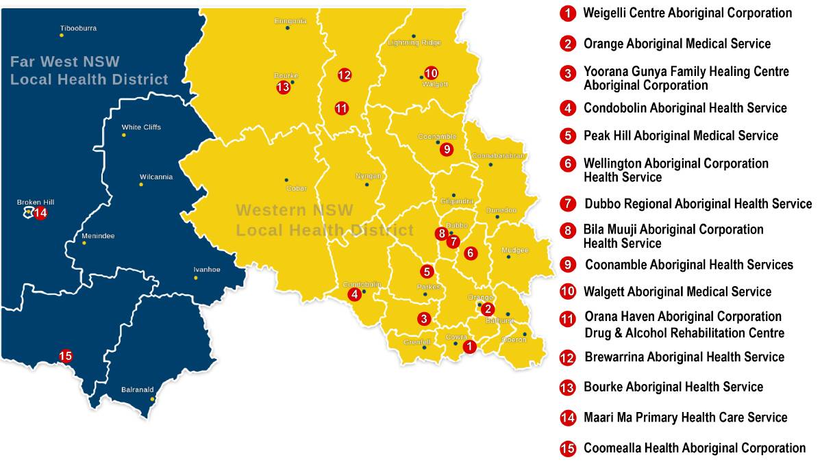 A map showing the 15 Aboriginal Medical Services within the WNSW PHN region. Picture: WNSW PHN