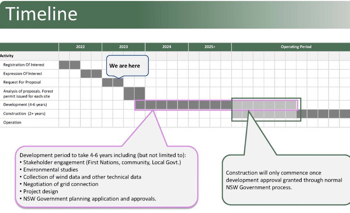 The proposed timeline for moving the process forward. Source - Forestry Corporation presentation
