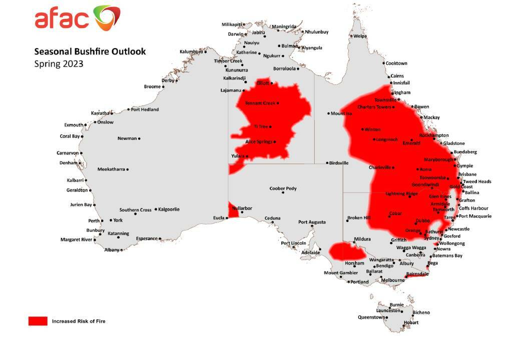 The seasonal bushfire outlook for spring 2023, with areas of increased risk in red. Picture by Australasian Fire Authorities Council