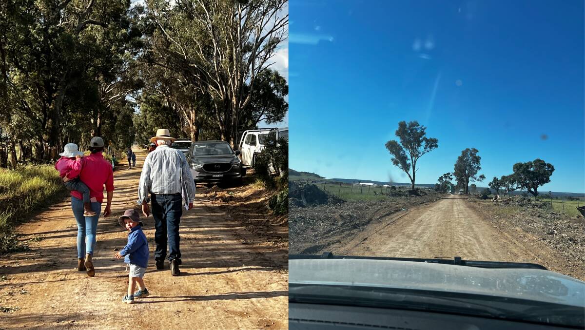 Left: Camilla Armstrong, carrying her daughter Claudia, with Lou Armstrong, Pemcaw Merinos, Dunedoo, with Edward Bowman, Merotherie, walking down Merotherie road. Right: Merotherie road during vegetation clearing. Picture supplied. Left: Camilla Armstrong, carrying her daughter Claudia, with Lou Armstrong, Pemcaw Merinos, Dunedoo, with Edward Bowman, Merotherie, walking down Merotherie road. Right: Merotherie road during vegetation clearing. Picture supplied.