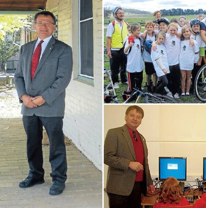 REMEMBERED: Stan Kowalski, who was principal at Oberon Public School for 15 years, at the school in 2013 (main photo) and on the Distance for a Difference ride in the same year (top right).
