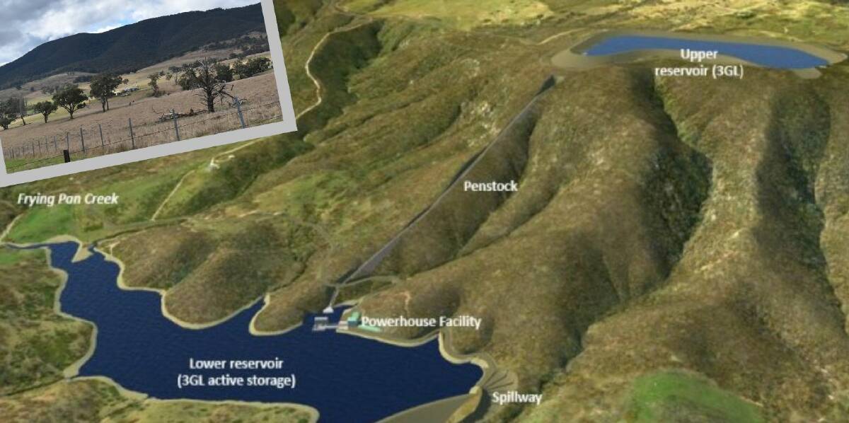 A "project visualisation" of the pumped hydro proposal near Yetholme and (inset) Mount Tennyson. 