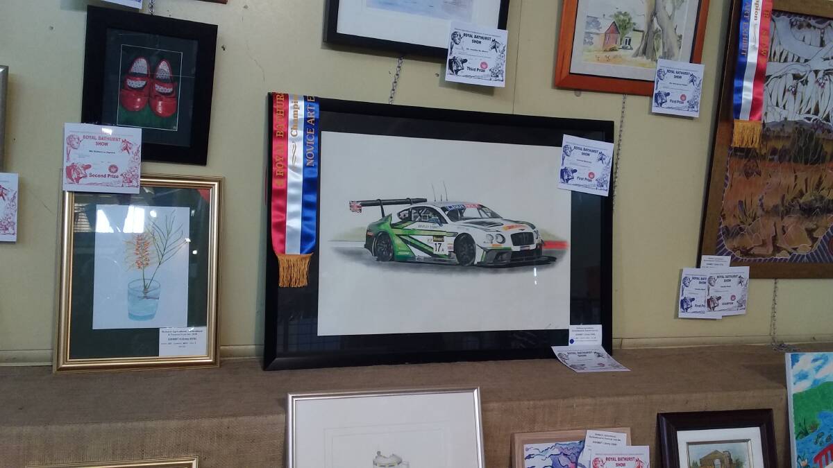 SPEED MACHINE: Andrew Donnelly’s artwork at the Royal Bathurst Show depicted a racing Bentley from the Liqui Moly 12 Hour at Mount Panorama. Andy’s dad is well-known local farrier Nev Donnelly.
