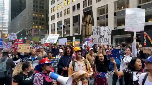 SAVE AUSTRALIA: Protestors chant outside the Australia Consulate in New York City. Picture: Twitter, @bgonthescene