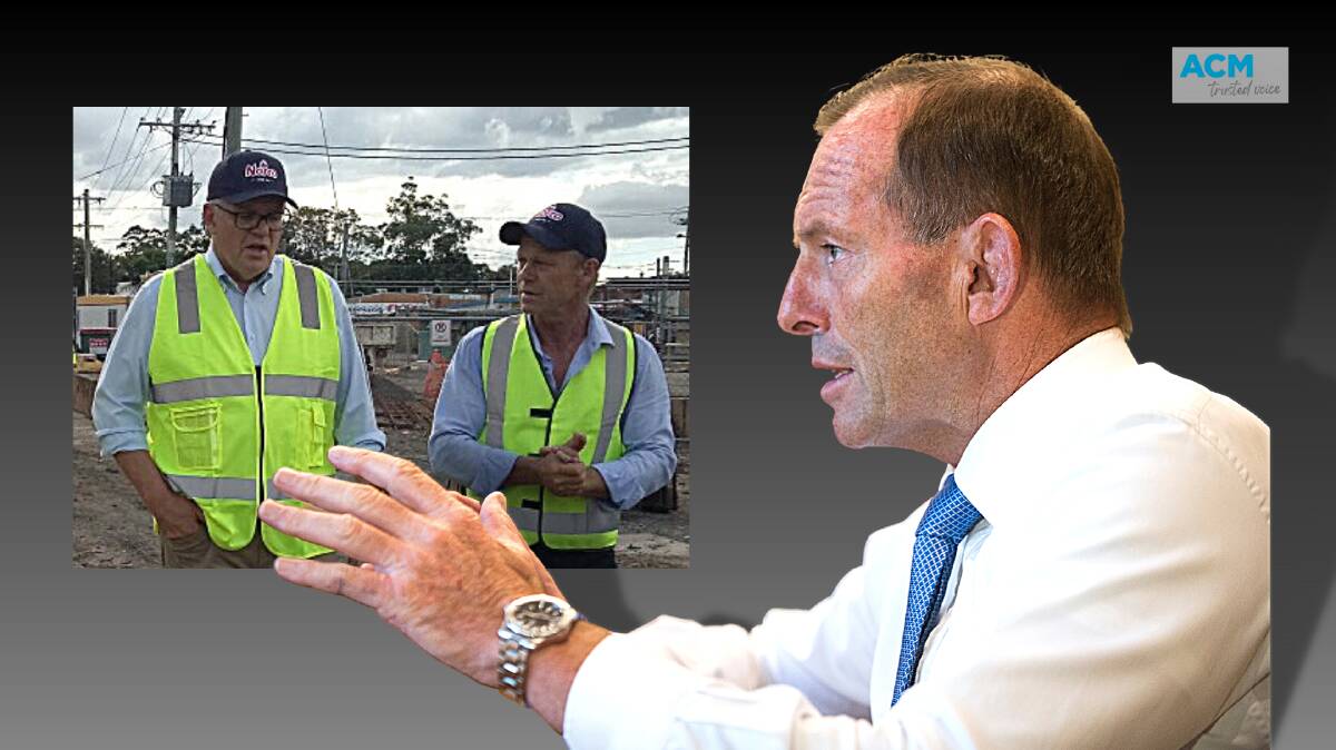 Former Prime Minister Tony Abbott (right) and the incumbent, Scott Morrison, touring Lismore this week. Main photo: Rohan Thomson