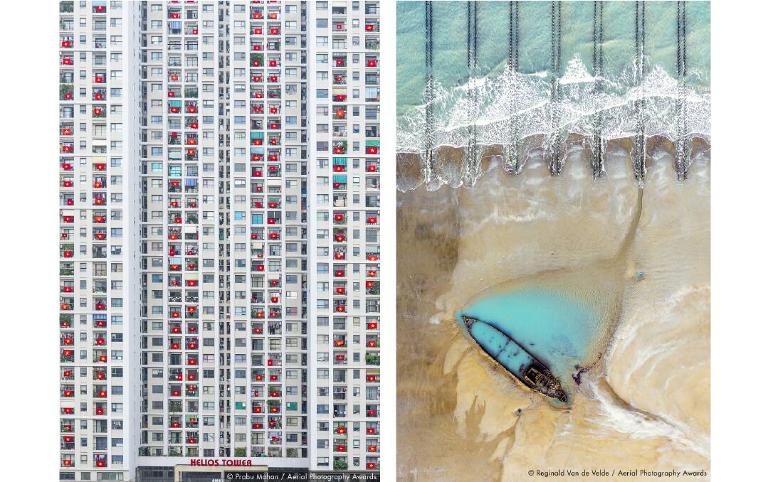 LEFT: One of the ways to show your support in difficult times. It is a residential apartment near my home. The residents hang the Vietnam national flags in support of those who are fighting against the Corona virus in the front lines. Photo: Prabu Mohan, Aerial Photography Awards 2020
RIGHT: The wreck of a British WW1 minesweeper that ran aground the French coast. Buried under the sand for many years, this wreck has only been visible in recent years due to the rapid decline of the coastal line caused by marine erosion. Photo: Reginald Van de Velde, Aerial Photography Awards 2020