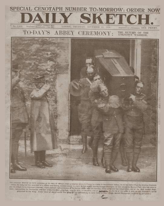 The British newspaper The Daily Sketch carried the photo on its front page on November 11, 1920 of the casket of the unknown soldier at Boulogne with pallbearer and Australian soldier Thomas Harley holding his slouch hat.