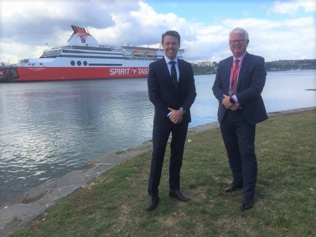Arrivals Boost: Senator Jonathon Duniam and TT-Line boss Bernard Dwyer were in Devonport to welcome the first passengers to benefit from free car travel on the Spirits. Picture: Libby Bingham.