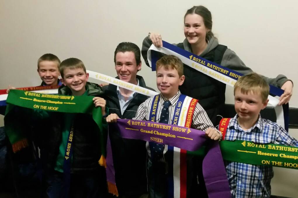 RIBBON GANG: Prize winners in the Royal Bathurst Show's Hoof and Hook steer competition included (from left) Will Clements, Max Clements, Jayden Falcke, Harrison Guy, Emily Watterson and Samuel Guy.