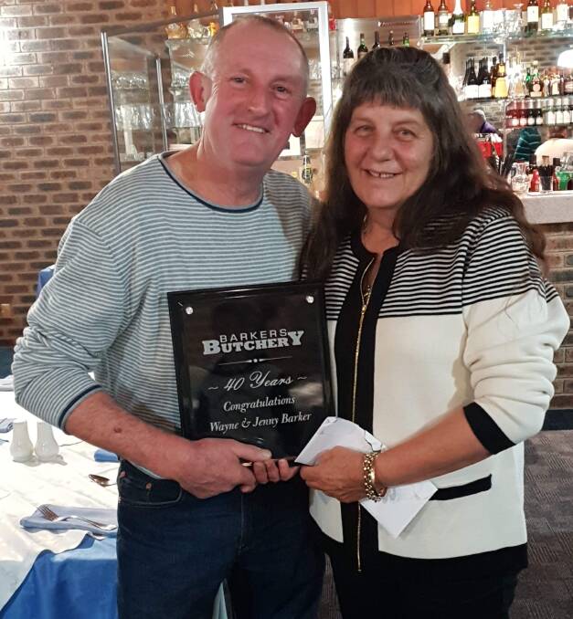 WHAT A TEAM: Wayne and Jenny Barker gathered to celebrate the wonderful milestone of serving customers for 40 years in their successful butchery.  ALL PHOTOS: Supplied