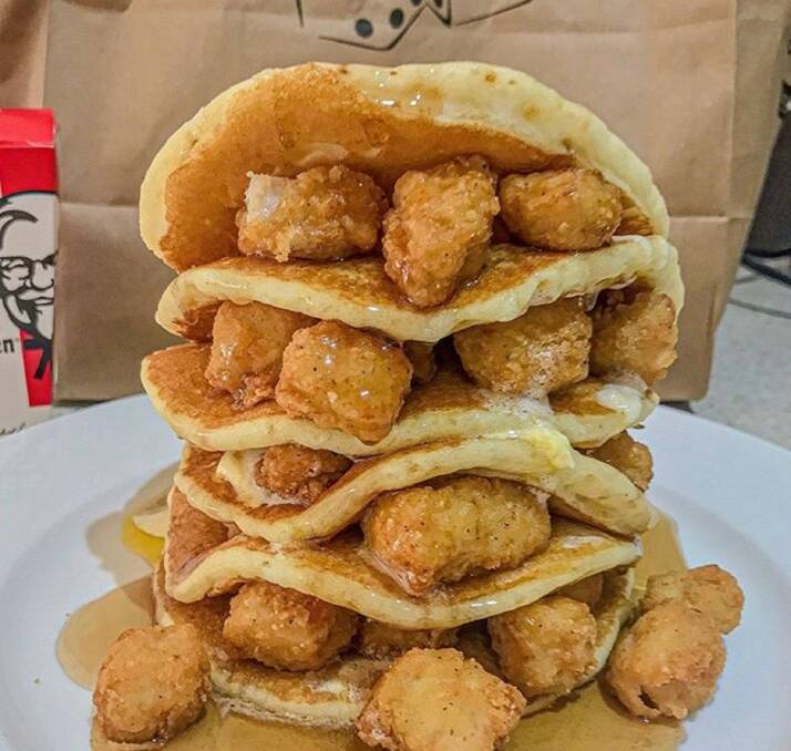 Alex's creation - McDonald's hot cakes filled with KFC popcorn chicken, topped with syrup. 