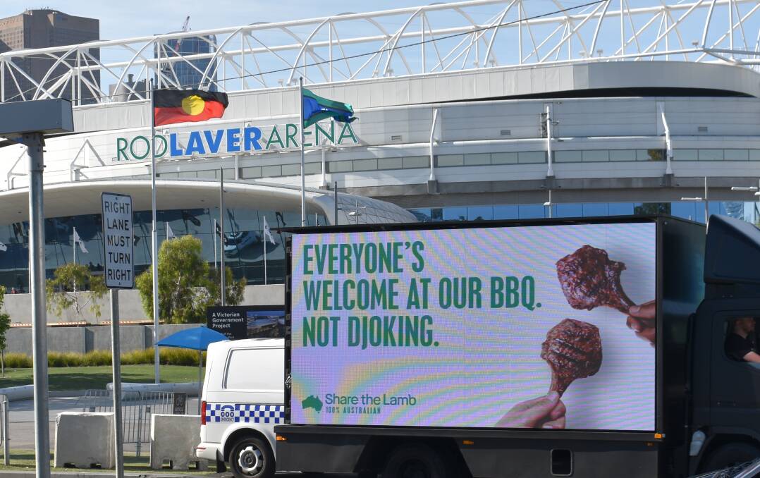 Billboards promoting Australian lamb at the Australian Open in Melbourne have made cheeky reference to the Novak Djokovic visa saga. 