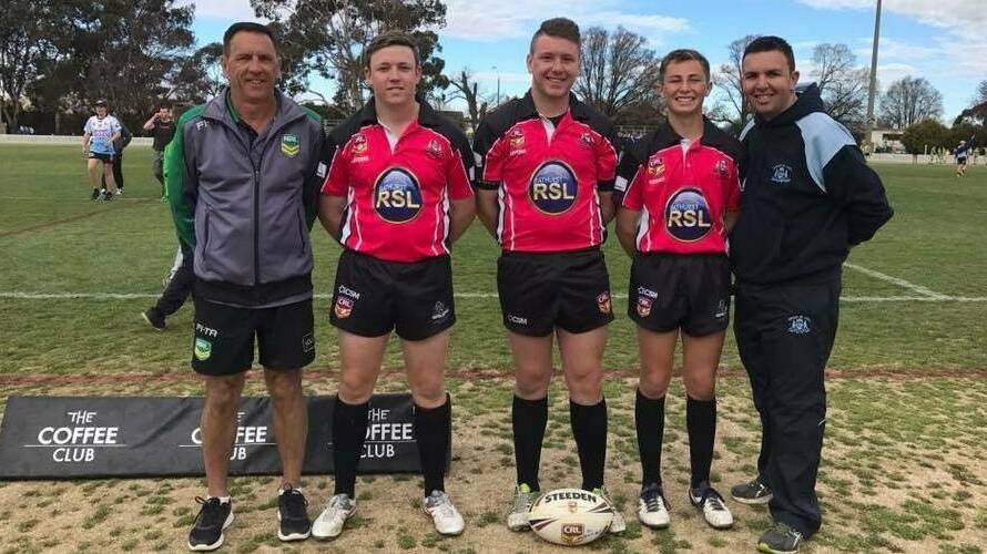 TOUGH LOVE: Bryce Hotham (centre) pictured with Willy Barnes, Adam Callaghan, Anthony Pond and Nathan Blanchard ahead of the 2017 Group 10 under 16s grand final. Picture: GROUP 10 REFEREE'S ASSOCIATION