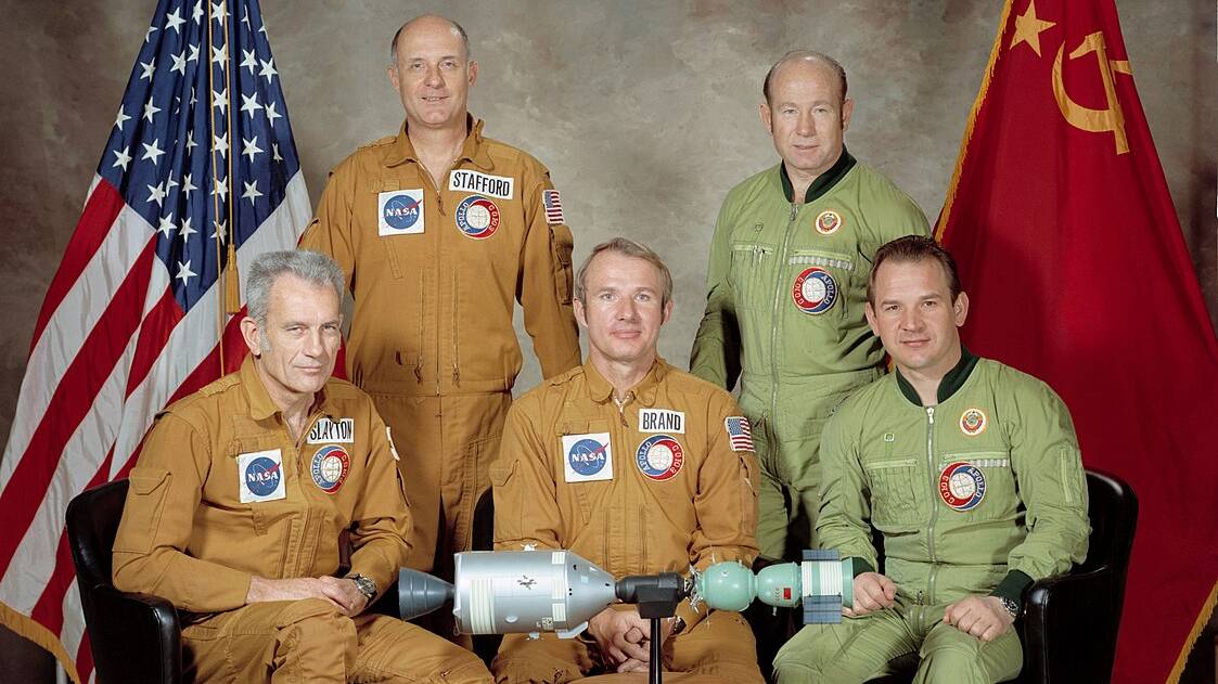American and Russian crew members of the Apollo-Soyuz mission, held amid the Cold War in 1975. 