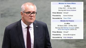 Former prime minister and Member for Cook Scott Morrison and inset, some of the newly updated portfolios on Wikipedia. Pictures: Sitthixay Ditthavong, Wikipedia