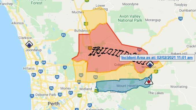 The Wooloroo Fire in North East Perth, where residents are facing a COVID lockdown and life threatening fire conditions. Pic from DFES website.