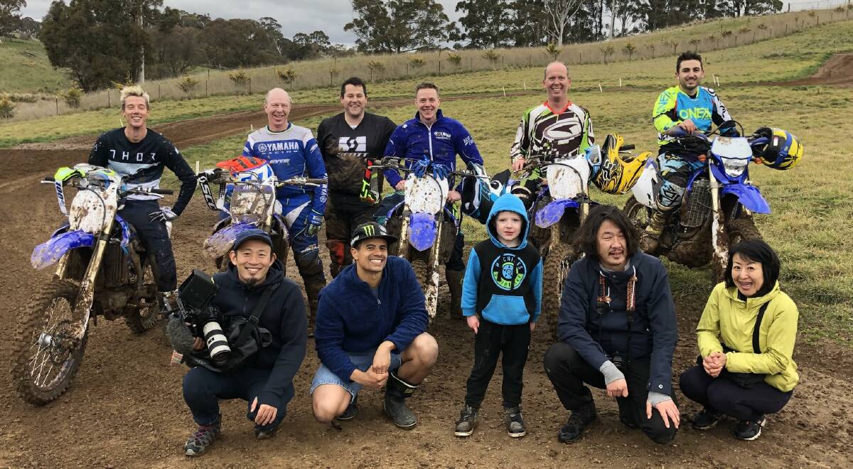 CAMERAS ROLLING: Yamaha Australia's top-ranking superbike champion in 2018/2019, Cru Halliday (left), with Yamaha's Japan and Australia representatives at the advertising shoot at Learning To Fly at Shooters Hill.