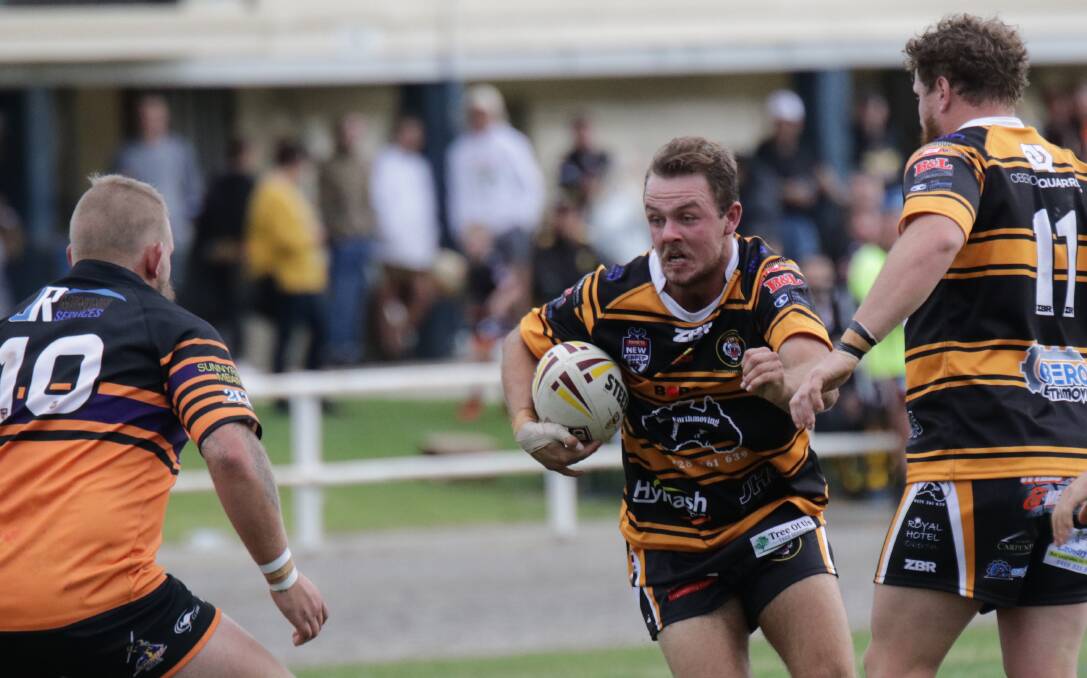 FORWARD: Oberon Tigers' Jayden Fagg charging into the defence in their 24-10 win over Workies on Sunday.