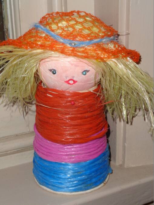 RECYCLED:  Lyndle Hawkes' Baling Twine Betty and a woven sunhat is part of the Waste 2 Art display at Oberon Library.
