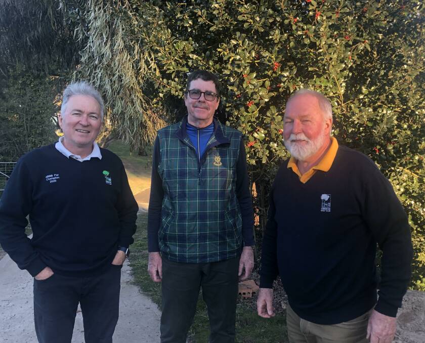 SUCCESS: Ian Fowler with the runner-up in the B grade first fourball event, Col Ploughman, and Mick English. There was a big field for Saturday golf.