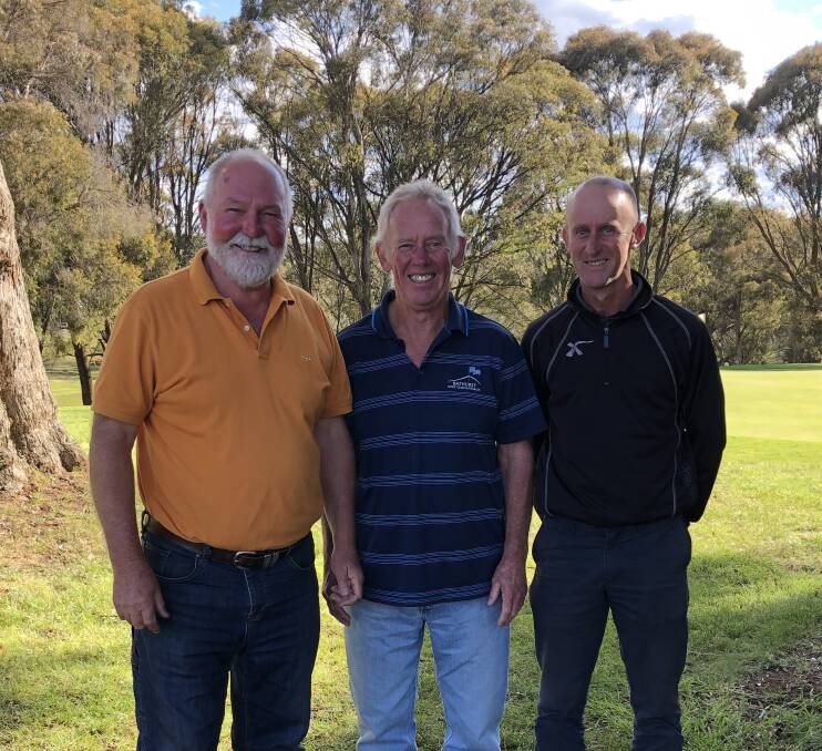 SUCCESS: Mick English and Greg Lesburg, who have played in the Oberon men's open for 36 years, with B grade stableford winner Andrew Yeo.