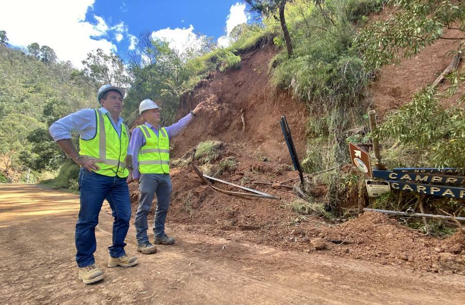 DAMAGED: Member for Bathurst Paul Toole with Transport for NSW Western Region pavements and geotechnical manager Iain McLean.