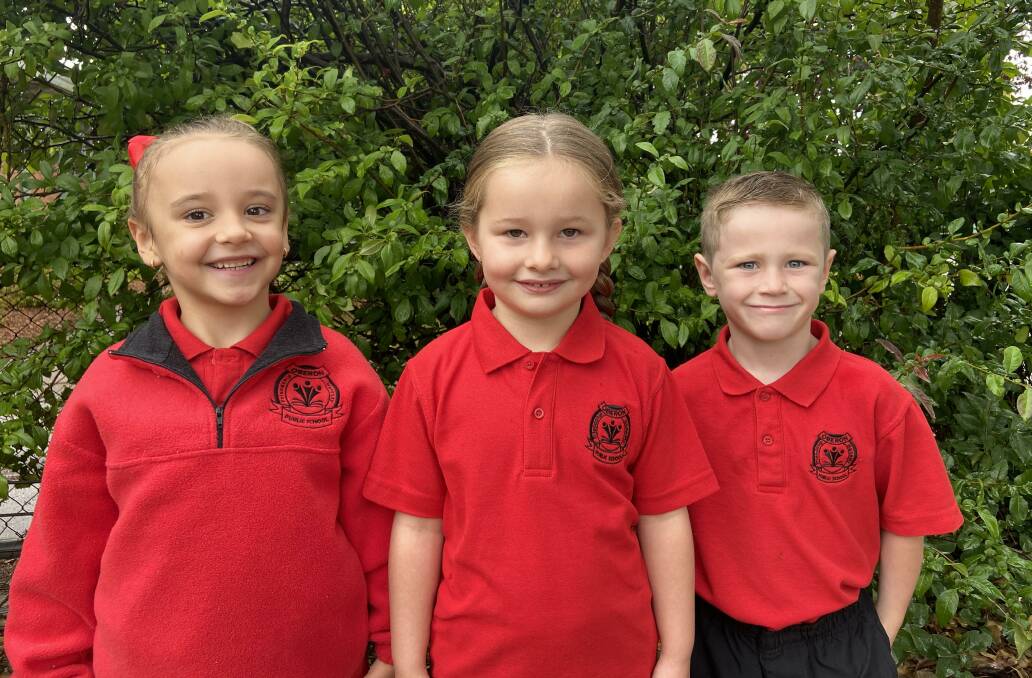 BEGINNING: Aubrey, Harper and Aiden have been looking forward to starting kindergarten at Oberon Public School.