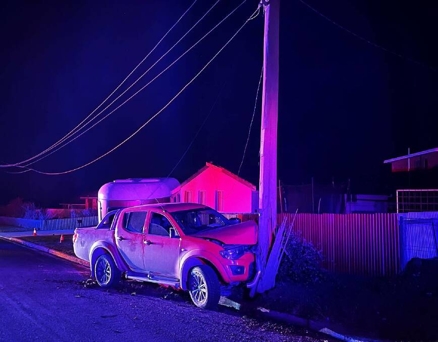DRAMATIC: A ute and horse float hit a powerpole in Rupert Street. Photo: OBERON FIRE AND RESCUE FACEBOOK