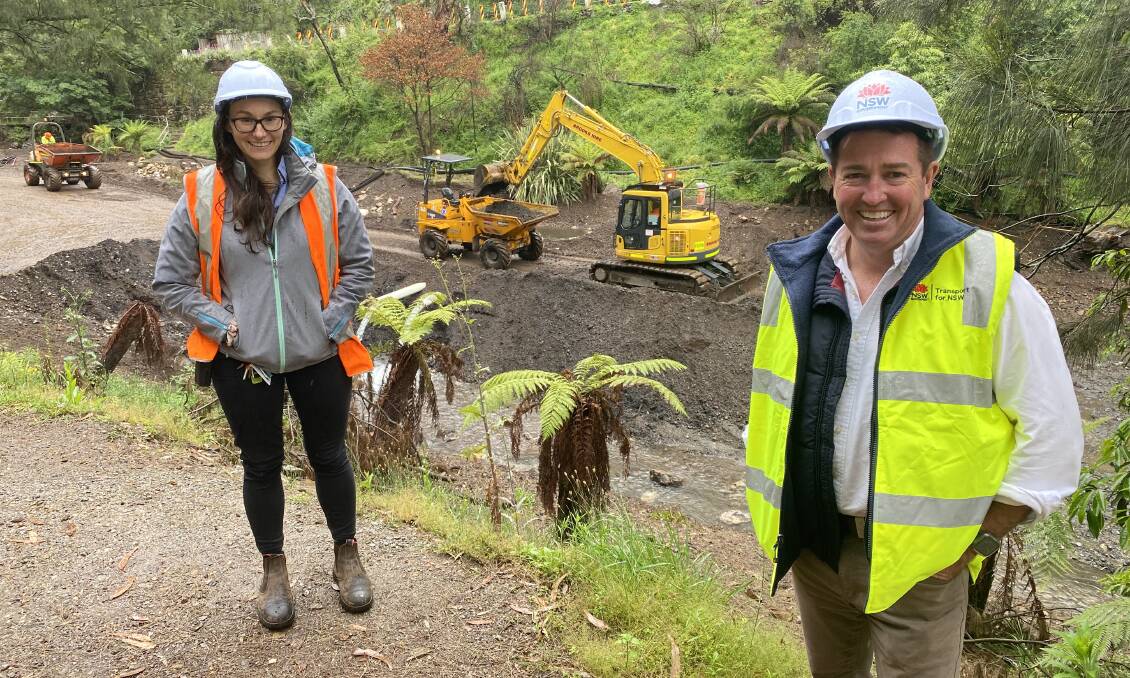 WORK SITE: Jenolan Caves CEO Jodie Anderson and Member for Bathurst Paul Toole at Blue Lake, where silt is being removed and a boardwalk will be constructed around the site.