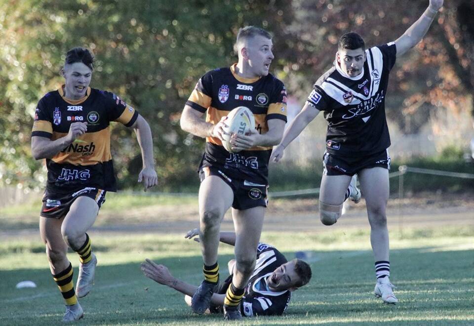 TOO QUICK: Oberon Tiger Jackson Brien charges through the Cowra Magpies' defence during Sunday's Group 10 clash in Oberon.