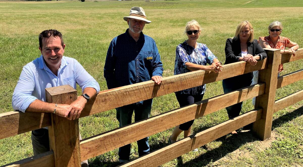 TAKING SHAPE: Bathurst MP Paul Toole at the site with Oberon councillor Ian Doney, Jane Le Breton, Lauren Trembath and Trish Forsyth. Photo: SUPPLIED