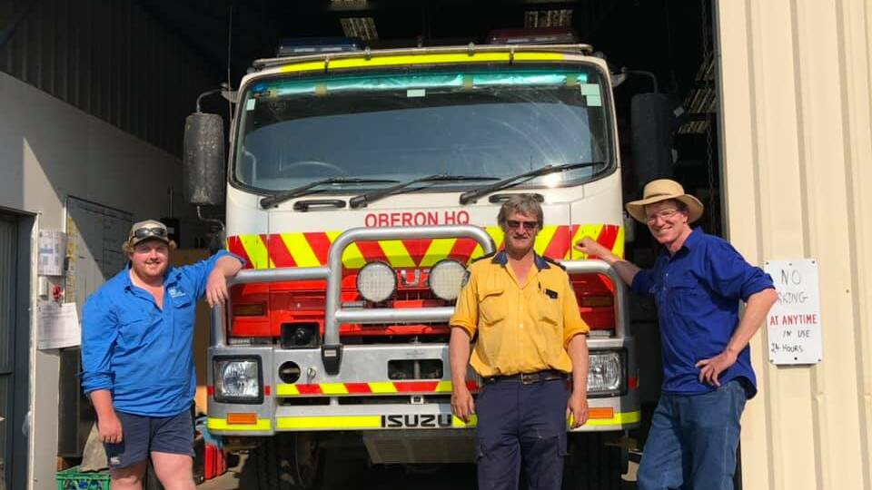 HELP AVAILABLE: Federal Member for Calare Andrew Gee with Oberon Rural Fire Service captain Lance Sulley and member Dylan Boyd.