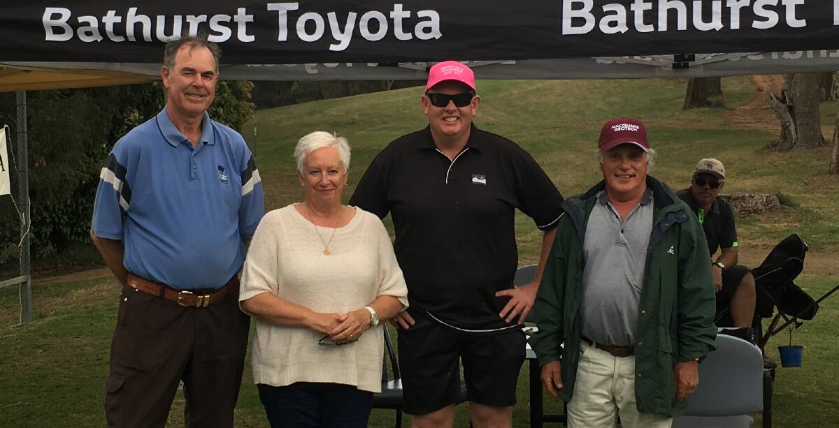 SUCCESSFUL DAY: Barry Lang, mayor Kathy Sajowitz, Oberon Council general manager Gary Wallace and Brian Beasley observing the hole-in-one shootout.