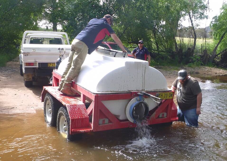 STOCKING: John Causer releasing the last of the rainbow trout fingerlings into the Fish River with Dutton Hatchery staff members.