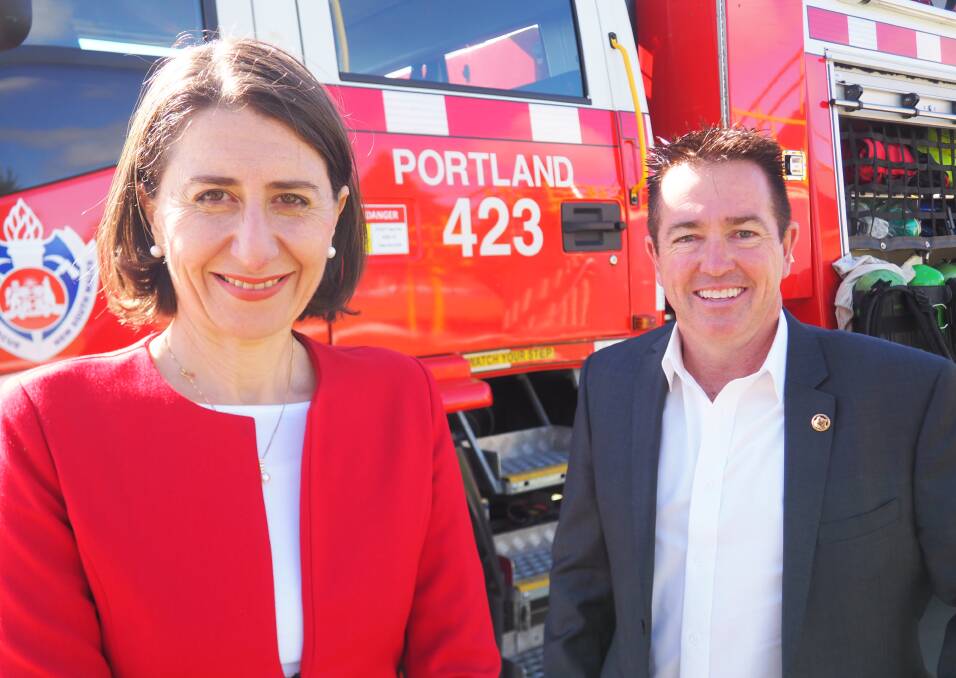 FIRED UP: Premier Gladys Berejiklian and Member for Bathurst Paul Toole visiting Portland Fire Station.