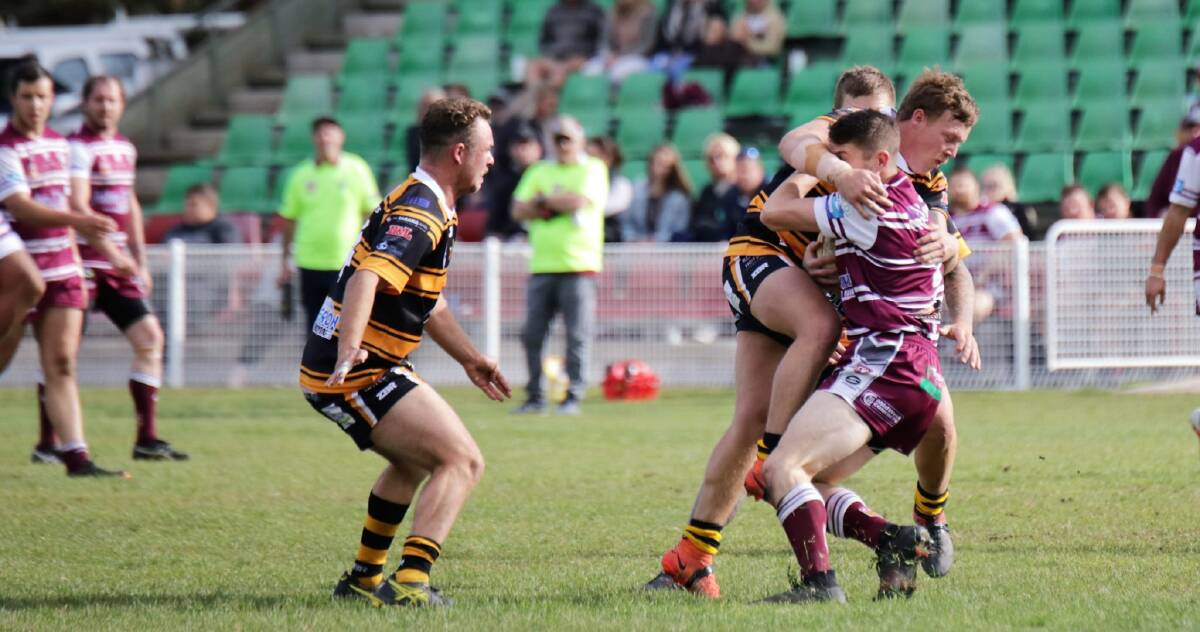 POWER: Oberon Tiger Blake Fitzpatrick charges into the Blayney Bears defence during the Group 10 clash on Sunday. The Tigers had a reshuffled backline, but won the match easily.