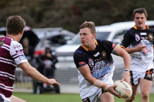 ON THE BALL: Oberon Tigers player Blake Fitzpatrick looks for support during his side's dominant 48-6 win over the Blayney Bears at King George Oval on Sunday. Photo: SUPPLIED