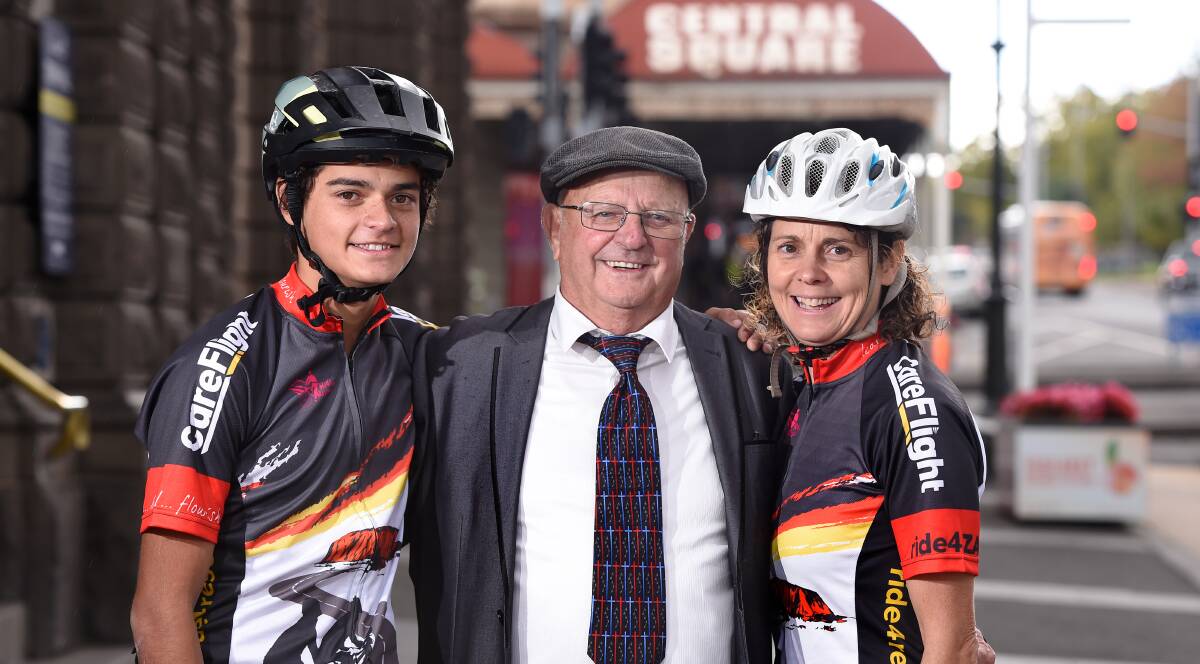 ADVENTURERS: Three generations of the same family set off from Ballarat town hall on an epic fundraising journey today, with the aim of making it all the way to Australia's Red Centre. Picture: Adam Trafford.