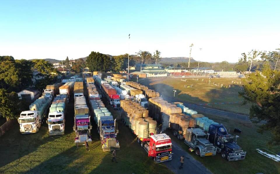 The convoy of Need for Feed hay trucks at Wauchope Showground. Photo: Indulgence Tours.