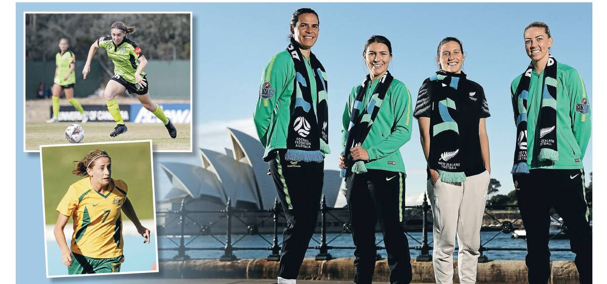 Canberra's Karly Roestbakken, Heather Garriock and Lydia Williams are excited by FIFA's 2023 World Cup announcement. Pictures: Getty, Jamila Toderas